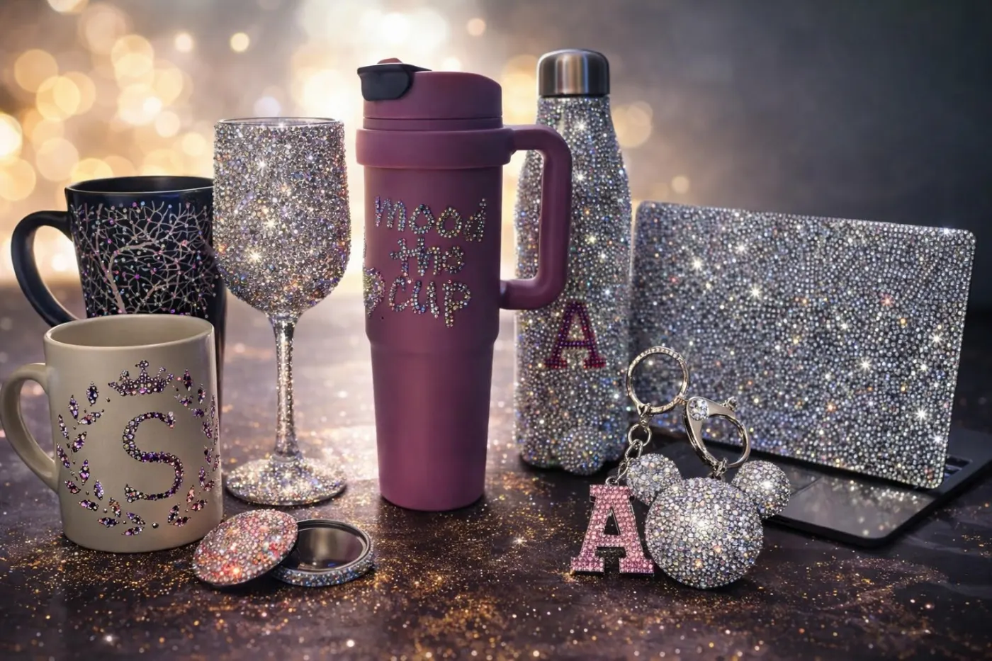 A collection of personalized rhinestone gifts by Allure Aura Creations